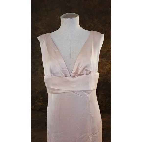 FEHAUTE Light Pink Satin V-Neck Sleeveless Maxi Dress with Side Slit Size 8